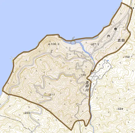 吉田とその周辺の地図。町の範囲を重ねている