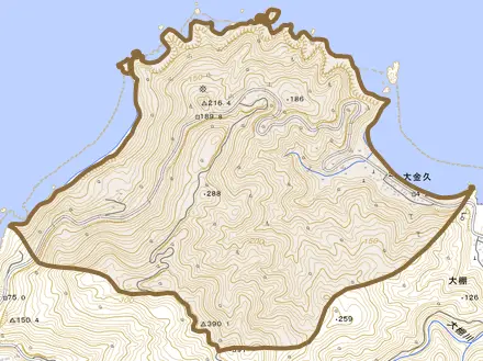 大金久とその周辺の地図。町の範囲を重ねている