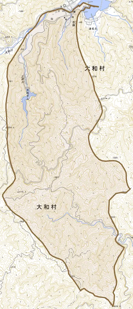 思勝とその周辺の地図。町の範囲を重ねている