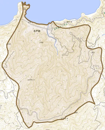 志戸勘とその周辺の地図。町の範囲を重ねている