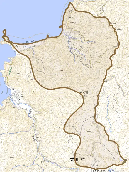 戸円とその周辺の地図。町の範囲を重ねている