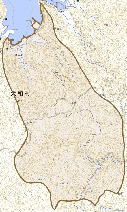 津名久とその周辺の地図。町の範囲を重ねている
