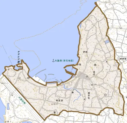 大字茶花とその周辺の地図。町の範囲を重ねている
