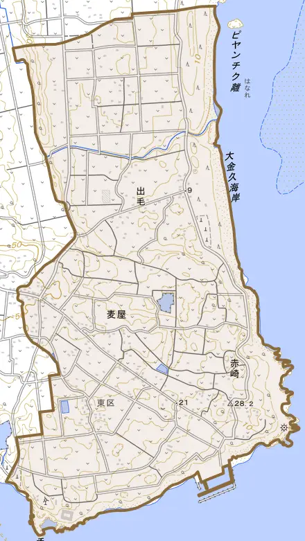 大字古里とその周辺の地図。町の範囲を重ねている