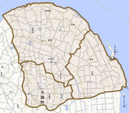 大字那間とその周辺の地図。町の範囲を重ねている
