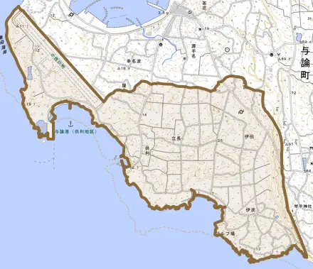 大字立長とその周辺の地図。町の範囲を重ねている