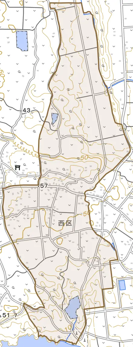 大字麦屋とその周辺の地図。町の範囲を重ねている