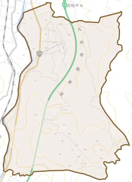 川添とその周辺の地図。町の範囲を重ねている