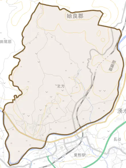 北方とその周辺の地図。町の範囲を重ねている