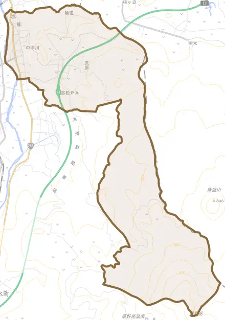 中津川とその周辺の地図。町の範囲を重ねている