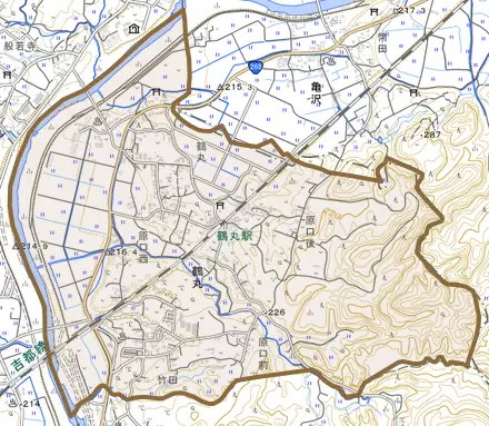 鶴丸とその周辺の地図。町の範囲を重ねている