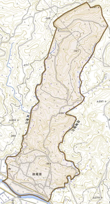 田尾原とその周辺の地図。町の範囲を重ねている
