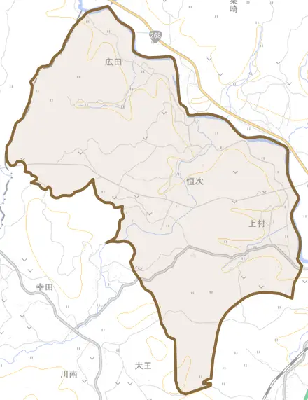 恒次とその周辺の地図。町の範囲を重ねている