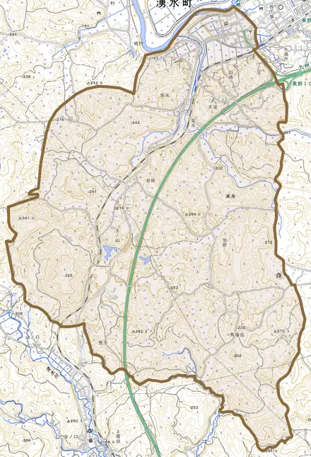 米永とその周辺の地図。町の範囲を重ねている