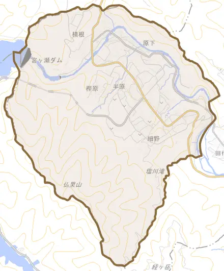 半原とその周辺の地図。町の範囲を重ねている