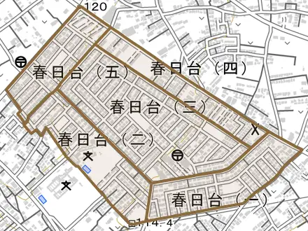 春日台とその周辺の地図。町の範囲を重ねている