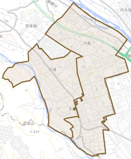 中津とその周辺の地図。町の範囲を重ねている