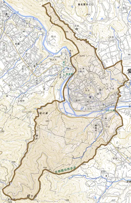田代とその周辺の地図。町の範囲を重ねている