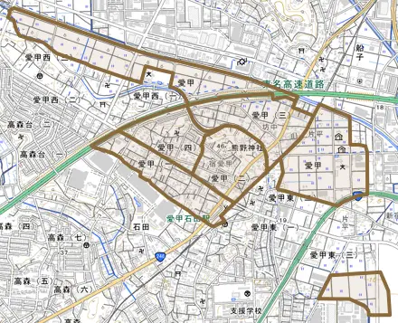 愛甲とその周辺の地図。町の範囲を重ねている