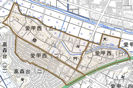 愛甲西とその周辺の地図。町の範囲を重ねている