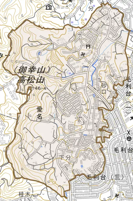 愛名とその周辺の地図。町の範囲を重ねている