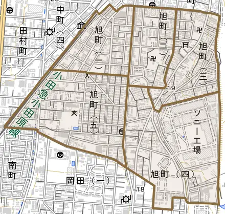旭町とその周辺の地図。町の範囲を重ねている