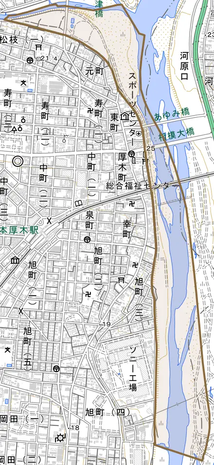 厚木とその周辺の地図。町の範囲を重ねている