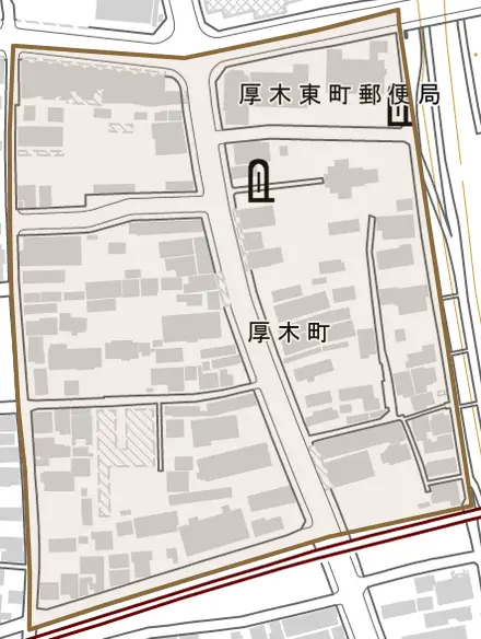 厚木町とその周辺の地図。町の範囲を重ねている