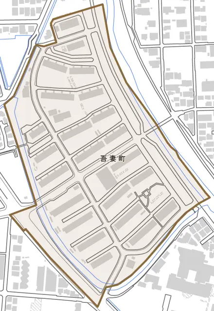 吾妻町とその周辺の地図。町の範囲を重ねている