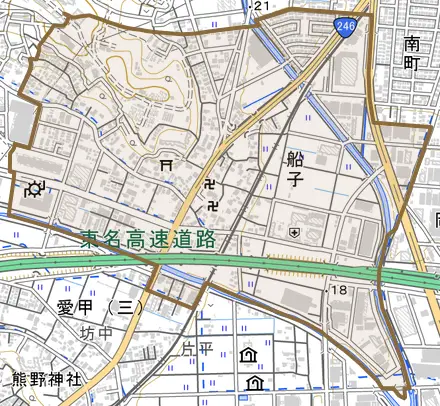 船子とその周辺の地図。町の範囲を重ねている