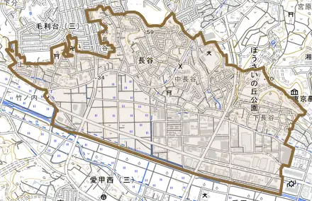 長谷とその周辺の地図。町の範囲を重ねている