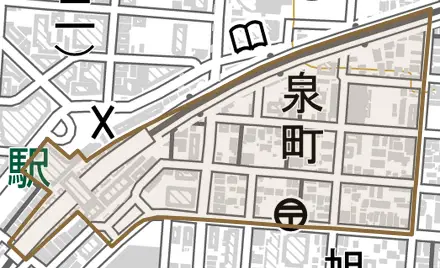 泉町とその周辺の地図。町の範囲を重ねている