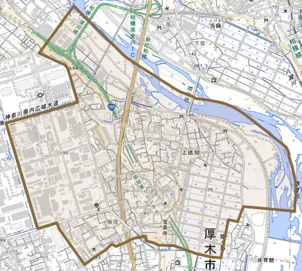 上依知とその周辺の地図。町の範囲を重ねている