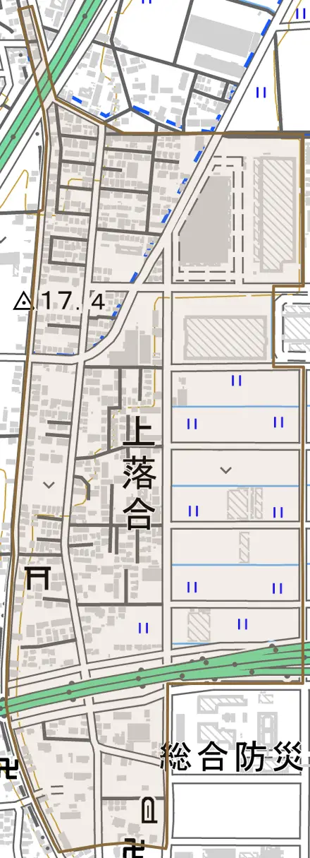上落合とその周辺の地図。町の範囲を重ねている