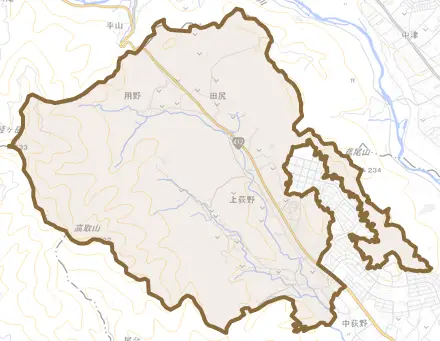 上荻野とその周辺の地図。町の範囲を重ねている
