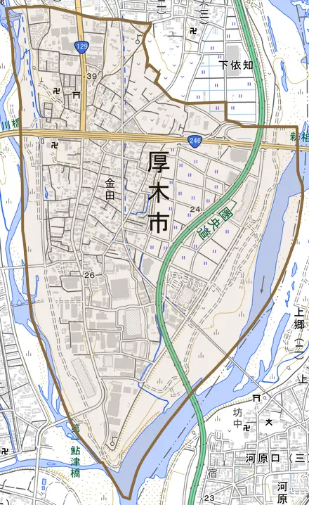 金田とその周辺の地図。町の範囲を重ねている
