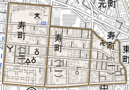 寿町とその周辺の地図。町の範囲を重ねている