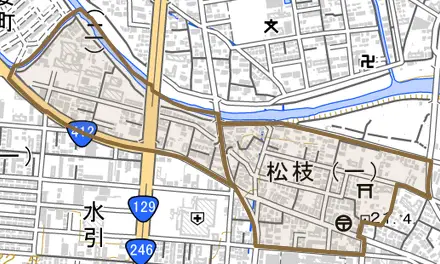 松枝とその周辺の地図。町の範囲を重ねている