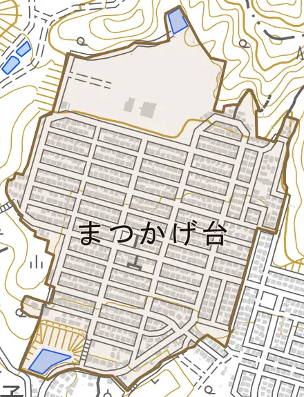 まつかげ台とその周辺の地図。町の範囲を重ねている