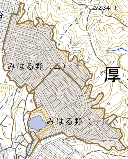 みはる野とその周辺の地図。町の範囲を重ねている