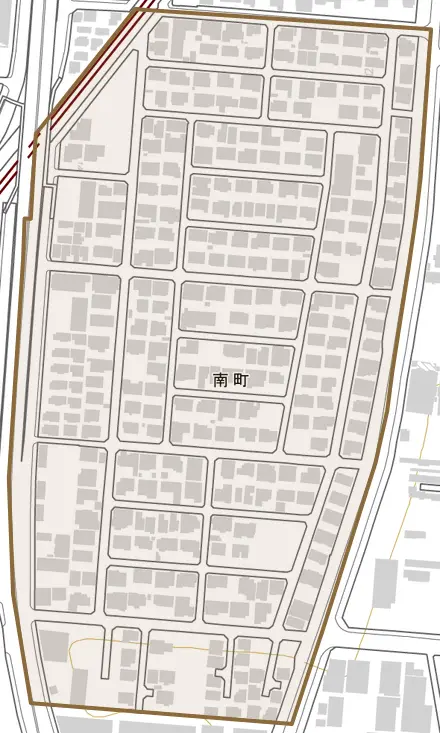 南町とその周辺の地図。町の範囲を重ねている