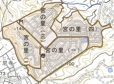 宮の里とその周辺の地図。町の範囲を重ねている