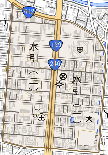 水引とその周辺の地図。町の範囲を重ねている
