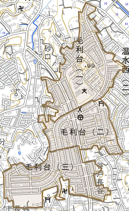 毛利台とその周辺の地図。町の範囲を重ねている