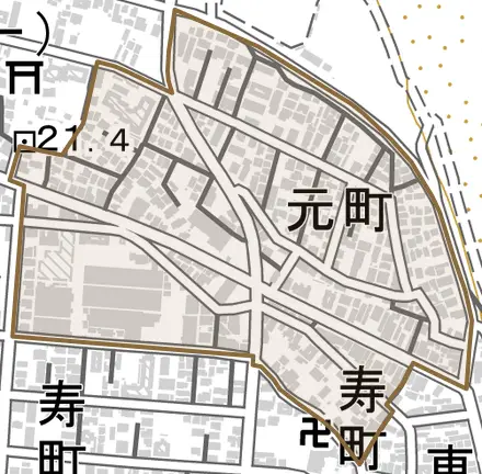 元町とその周辺の地図。町の範囲を重ねている