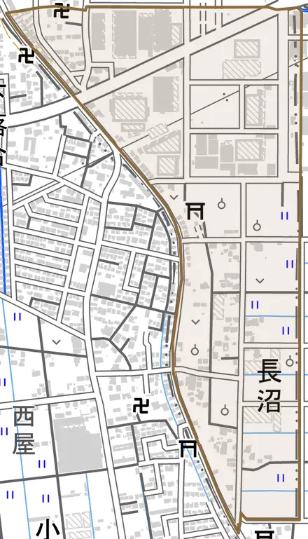 長沼とその周辺の地図。町の範囲を重ねている