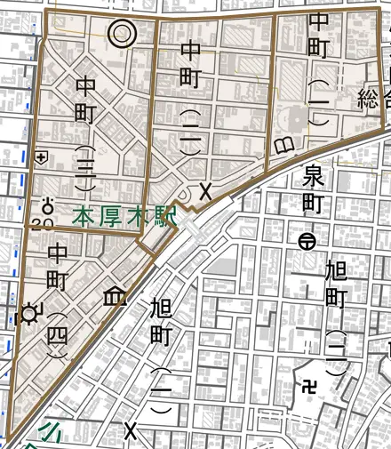 中町とその周辺の地図。町の範囲を重ねている