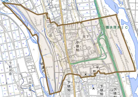 中依知とその周辺の地図。町の範囲を重ねている