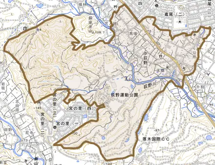 中荻野とその周辺の地図。町の範囲を重ねている