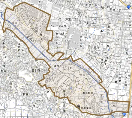 温水とその周辺の地図。町の範囲を重ねている